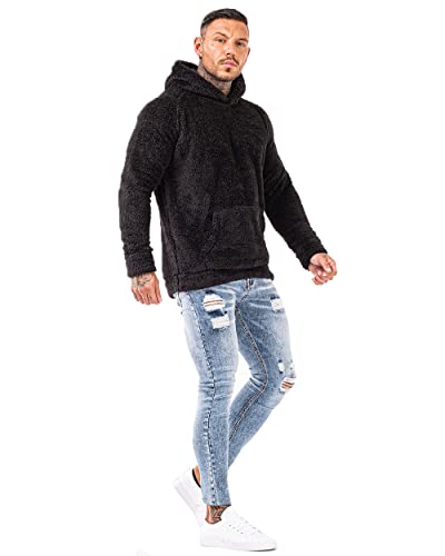 mens sherpa hoodie sweater Fuzzy Fluffy Hoodie Sherpa Sweatshirt Men Fashion Winter Outwear Black Size L