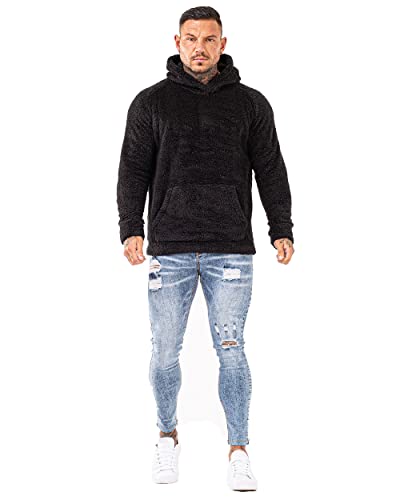 mens sherpa hoodie sweater Fuzzy Fluffy Hoodie Sherpa Sweatshirt Men Fashion Winter Outwear Black Size L