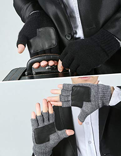 Winter 2 Pairs Knit Fingerless Gloves Half Finger for Men with Leather Grip for Texting Typing by Maylisacc (Black & Grey)