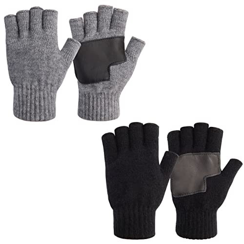 Winter 2 Pairs Knit Fingerless Gloves Half Finger for Men with Leather Grip for Texting Typing by Maylisacc (Black & Grey)