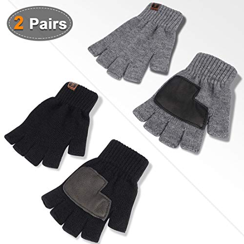 Winter 2 Pairs Knit Fingerless Gloves Half Finger for Men with Leather Grip for Texting Typing by Maylisacc (Black & Grey)