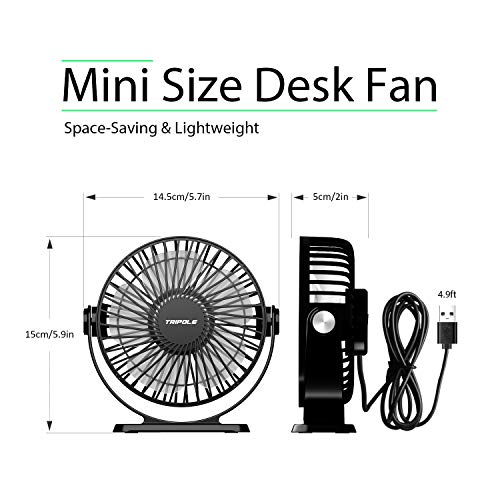 TriPole Small Desk Fan USB Powered Portable Fan 3 Speeds Strong Airflow Mini Fan 360°Rotation Personal Fan 5.1 Inch Table Fan for Home Office Bedroom Desktop, Black, 4.9ft Cable