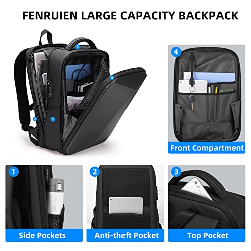 FENRUIEN Anti Theft Laptop Backpack for Men, Expandable Waterproof Hardshell Backpack with USB Port, Black Business Travel Computer Bag 15.6 Inch