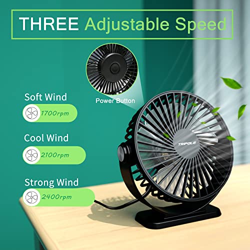 TriPole Small Desk Fan USB Powered Portable Fan 3 Speeds Strong Airflow Mini Fan 360°Rotation Personal Fan 5.1 Inch Table Fan for Home Office Bedroom Desktop, Black, 4.9ft Cable