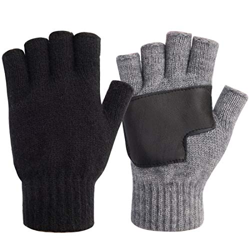 Winter 2 Pairs Knit Fingerless Gloves Half Finger for Men with Leather Grip for Texting Typing by Maylisacc (Black & Grey)