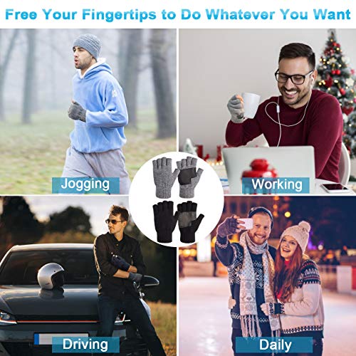 Winter 2 Pairs Knit Fingerless Gloves Half Finger for Men with Leather Grip for Texting Typing by Maylisacc (Black & Grey)