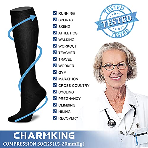 CHARMKING Compression Socks for Women & Men Circulation (3 Pairs) 15-20 mmHg is Best Athletic for Running, Flight Travel, Support, Cycling, Pregnant - Boost Performance, Durability (L/XL,Black)