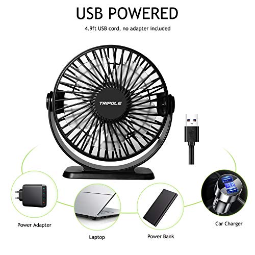 TriPole Small Desk Fan USB Powered Portable Fan 3 Speeds Strong Airflow Mini Fan 360°Rotation Personal Fan 5.1 Inch Table Fan for Home Office Bedroom Desktop, Black, 4.9ft Cable